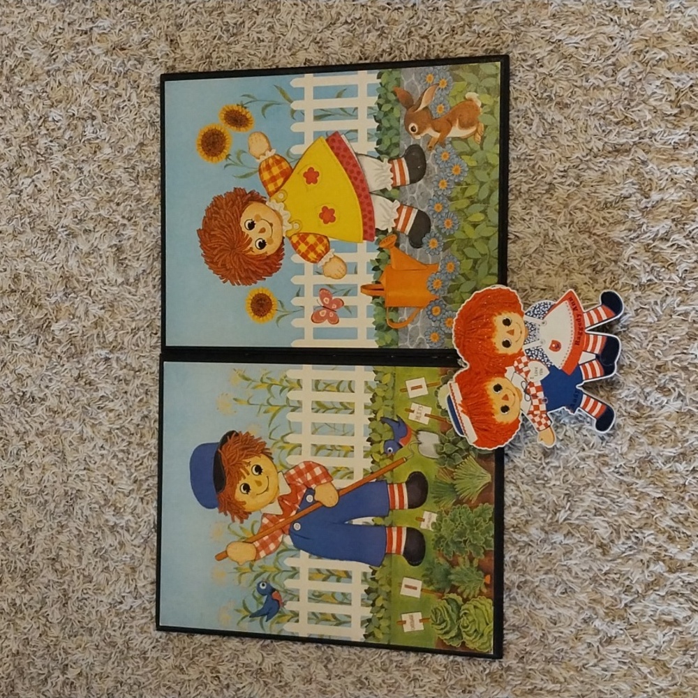 Bundle of Vintage Raggedy Ann & Andy Items - Prints on Pressed Board & Radio